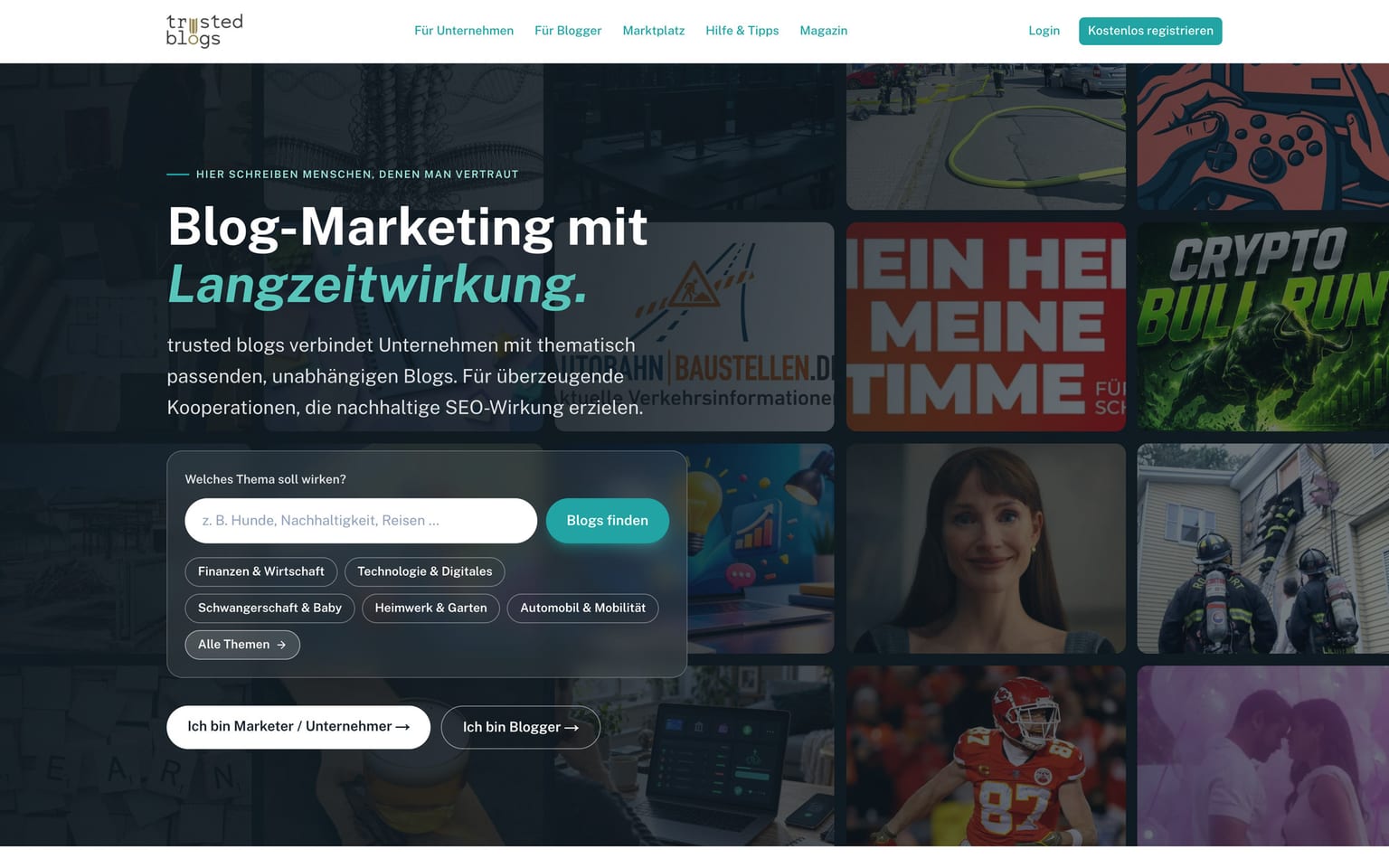 Die Startseite von trusted-blogs.com: Über einem Mosaik aus Blog-Titelbildern steht „Blog-Marketing mit Langzeitwirkung", darunter ein Suchfeld mit Themenfiltern und zwei Einstiege für Unternehmen und für Bloggerinnen und Blogger.